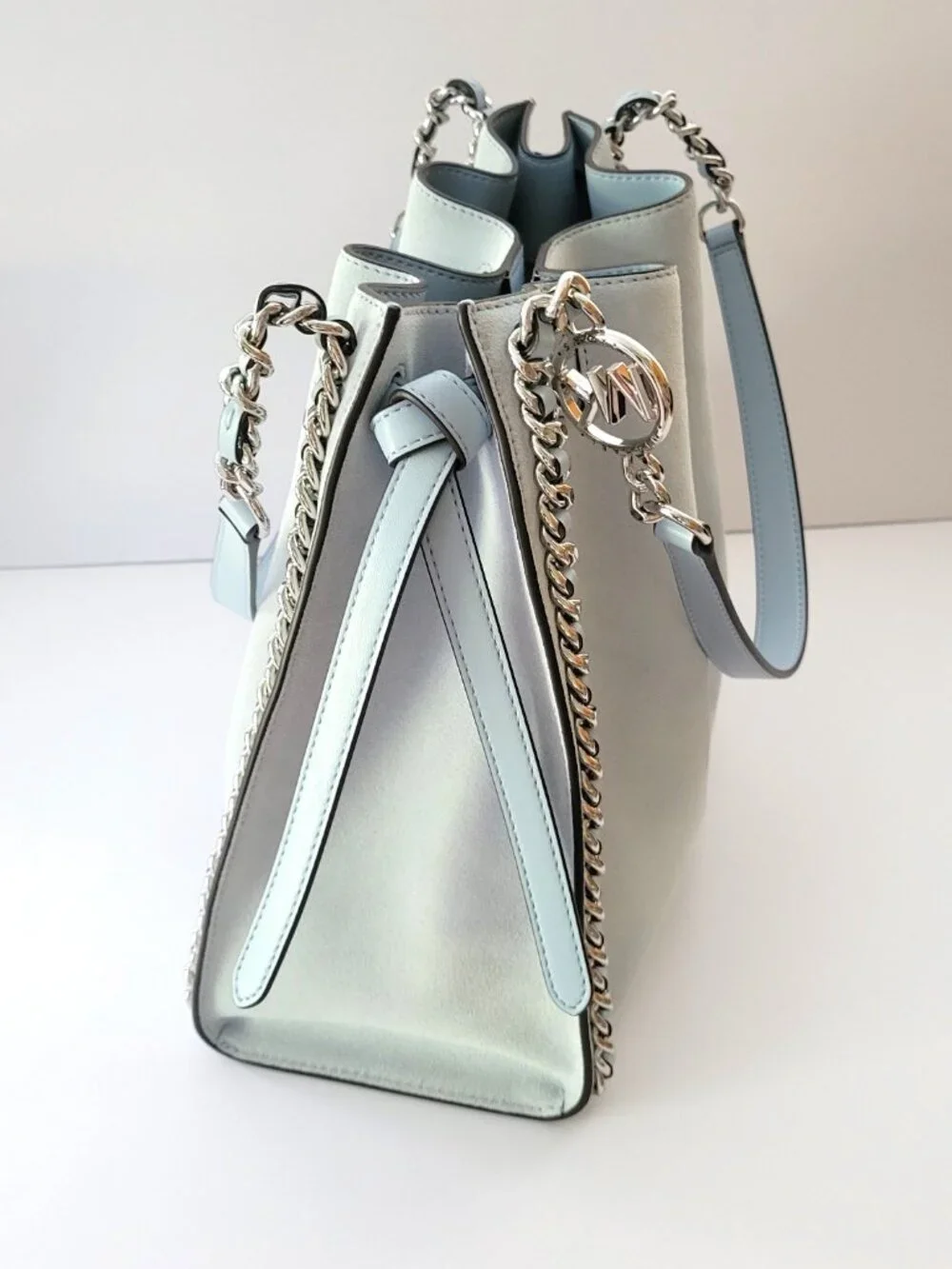 Michael Kors Mina Large Belted Chain Inlay Shoulder Bag Tote Pale Ocean Suede